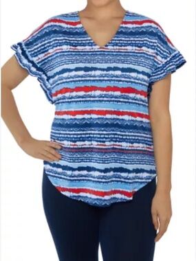 Ruby Rd. Red White Blue Stripes V-Neck Top Sz 2X Flutter Short Sleeves Patriotic